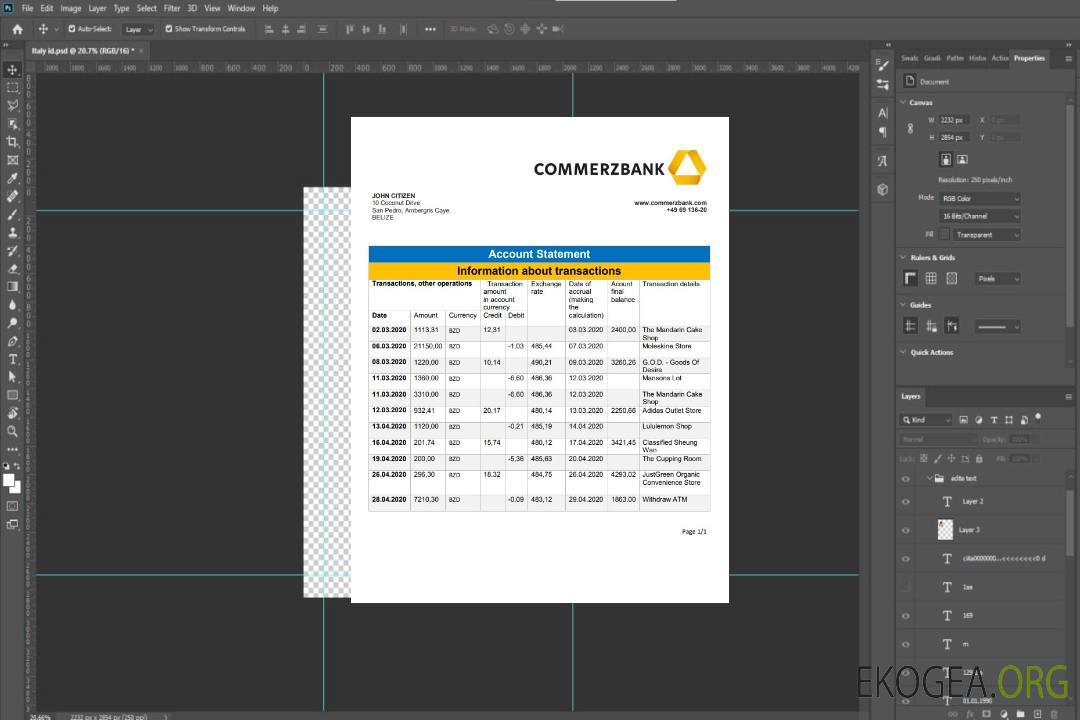 Relevé bancaire de la Commerzbank du Belize template Relevé bancaire de la Commerzbank du Belize template